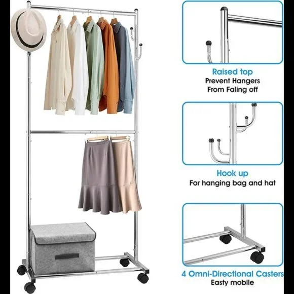 Simple Trending Double Rod Clothes Garment Rack, 4 Hooks